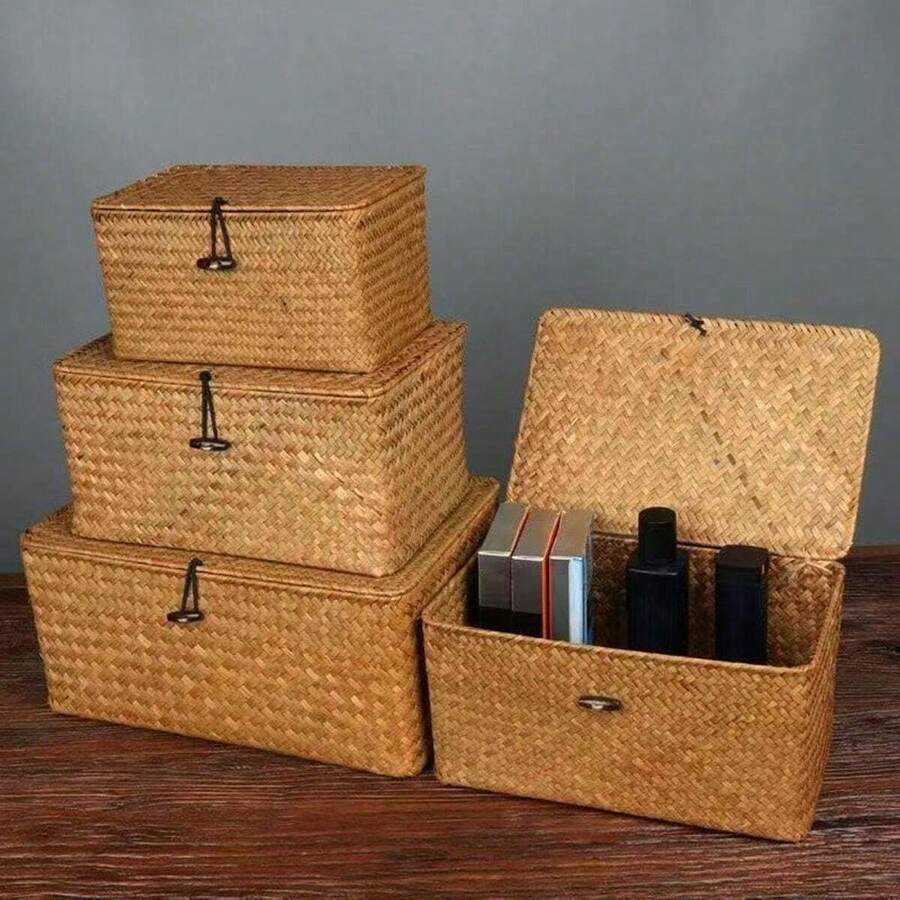 1pc Covered Woven Basket, Willow Storage Box, Rectangular Storage Box, Toy Storage Box, Suitable For Decorating Rooms, Halls, Kitchens, Bathrooms, Bedrooms With Beautiful Appearance - Brown - View 1