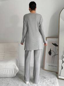 EURMUSE 100%Cotton Drop Shoulder Split Hem Tee & Pants - Light Grey - View 2