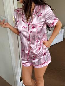 Dream Adore Pink Striped Bow Print Short Sleeve Satin Pajama Set For Women With Lapel And Pockets Casual Short Length - Pink - View 1