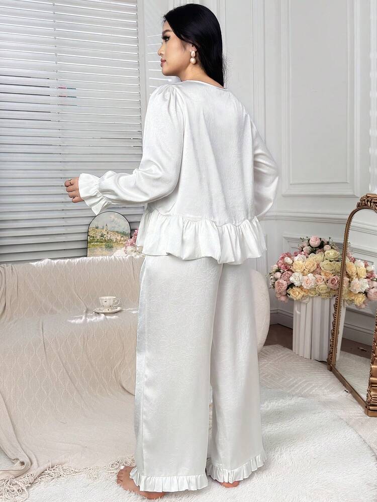 Dazy Plus Plus Size Women Solid Color Round Neck Loose Long Sleeve Top And Straight Leg Pants Pajama Set, Spring/Summer/Autumn