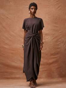 Zivah 2026春夏新品，适合情人节、音乐节、复活节、西部风、游牧风、波西米亚风、纳什维尔风、派对、婚礼、晚宴、约会、聚会、生日、学院风、学生装、日常休闲、百搭基础款、休闲、度假、邮轮旅行、海滩、日光浴、潮流、优雅、通勤、商务休闲等场合。圆领、腰部系带、宽松长裙、深棕色长款连衣裙、春夏连衣裙、派对连衣裙、度假连衣裙、休闲连衣裙、女装 - 咖啡棕 - 查看 6