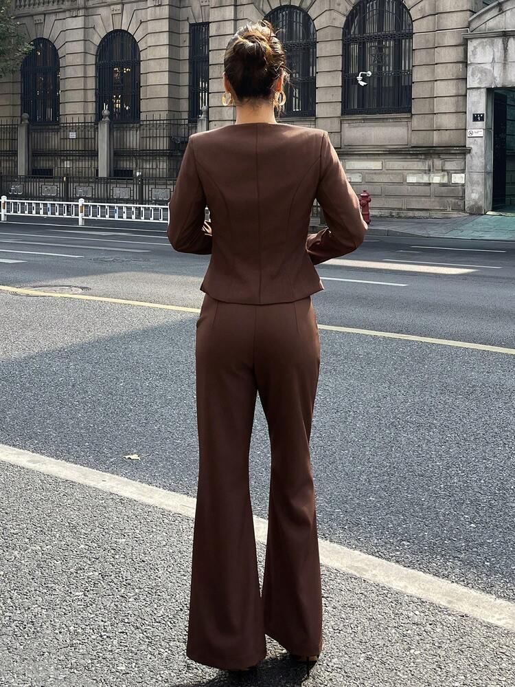 Women's Solid Color Long Sleeve Single-Breasted Pleated Hem Top And Flare Pants Elegant 2 Pieces Set