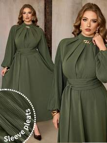 Roveilla 大码女装春秋冬法式浪漫西西里优雅休闲通勤度假下午茶派对纯色立领袖褶裥腰带松紧腰仿金属装饰长款连衣裙高领连衣裙女式橄榄绿连衣裙优雅长袖连衣裙橄榄绿连衣裙褶裥袖连衣裙腰带连衣裙长袖优雅连衣裙 - 軍綠色 - 查看 9