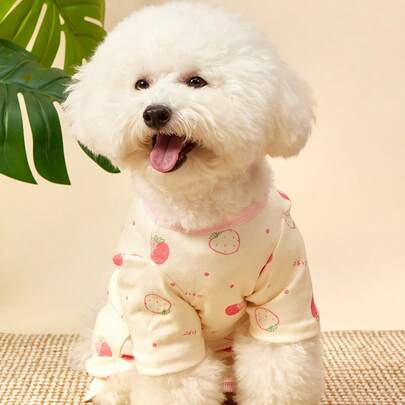 PETSIN 1 Pc Pet Cat And Dog Universal Cute Pink Strawberry Pattern Printed Elastic Knitted Comfortable Soft Dog Four Leg Clothing Belly Protection