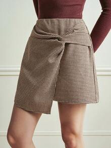 Écloséra Chân váy chữ A thắt eo xoắn bằng vải tweed thanh lịch, thích hợp cho công sở mùa thu/đông. - Màu Khaki - Xem 1