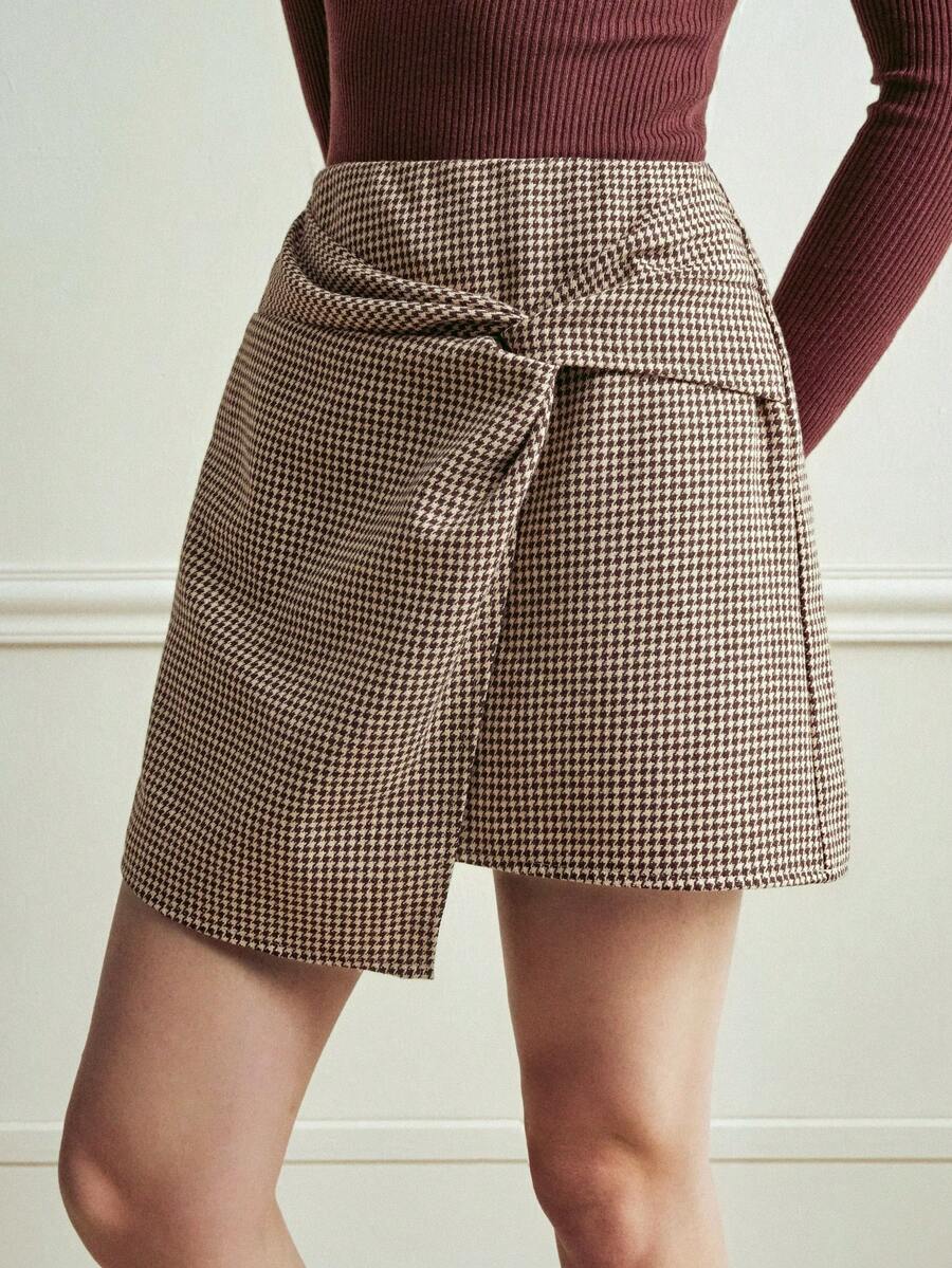 Écloséra Chân váy chữ A thắt eo xoắn bằng vải tweed thanh lịch, thích hợp cho công sở mùa thu/đông. - Màu Khaki - Xem 1