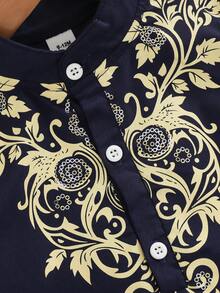 SHEIN 2件套男婴春夏纯色蓝色时尚金色刺绣衬衫配帽子，半开领长款，适合外出、休闲和优雅派对，幼儿/婴儿男女通用套装 - 藏蓝色 - 查看 4