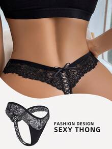 SHEIN Sexy Lace Patchwork Women Thong Lingerie - Black - View 1
