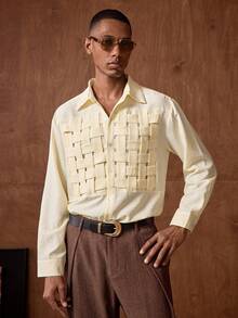 AKNOTIC 男士翻领单排扣条纹针织休闲/商务长袖衬衫 - 淡黃色 - 查看 1