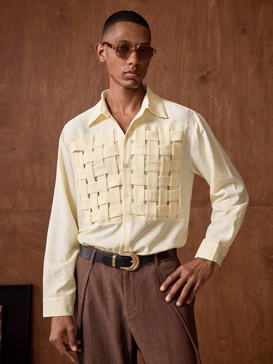 AKNOTIC 男士翻领单排扣条纹针织休闲/商务长袖衬衫 - 淡黃色 - 查看 1