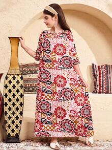 SHEIN Tween Girls All Over Print Flounce Sleeve Flared Hem Long Vacation Dress - Black - View 6