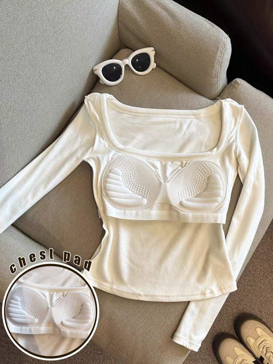 SHEIN 女士纯色方领长袖休闲透气T恤 - 白色 - 查看 1