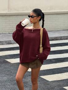 Muchica Casual Loose Solid Color Raglan Sleeve Sweater, Autumn/Winter,Off The Shoulder Sweater - Burgundy - View 4