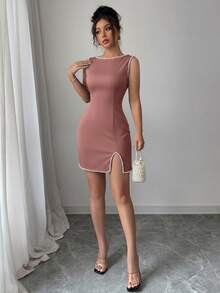 Elenzga فستان أنيق رومانسي مصنوع من الأسود والأبيض مع زخرفة من اللؤلؤ، بياقة طاقم بدون أكمام وفتحة جانبية مناسب للخروجات الربيعية والمواعدة وحفلات العشاء وعيد الحب - وردي مغبر - مشاهدة 3