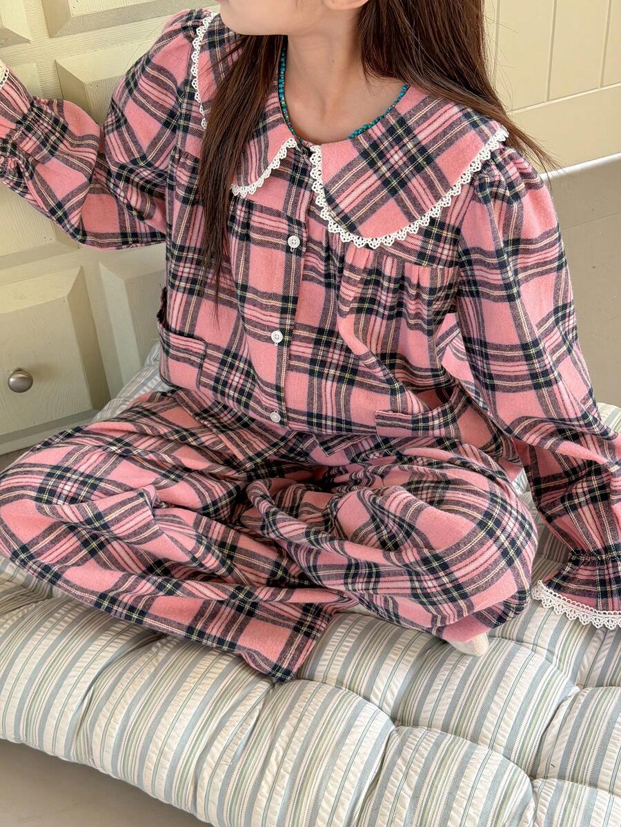 DAZY Tween Girls Plaid Long Sleeve Top And Pants Pajama Set, Fall Spring - Pink - View 1