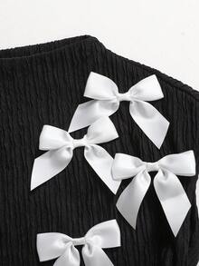 SHEIN 少女休闲优雅不对称下摆立体花卉装饰立领蝙蝠袖T恤，黑色 - 黑色 - 查看 4