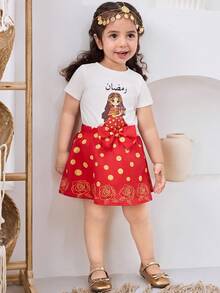 Baby Girl Spring/Summer 2-Piece Set: Cute Cartoon Girl Print Knit Round Neck Short Sleeve T-Shirt And Faux Foil Rose Floral Polka Dot Print Pleated Hem Skirt, Burgundy - Burgundy - View 5