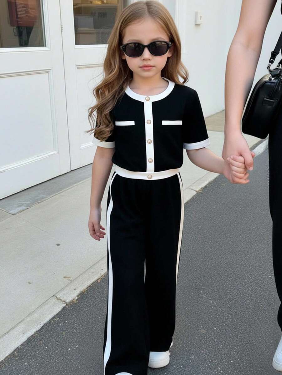 女童撞色滚边T恤和裤子套装 - 黑與白 - 查看 1