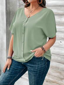 EMERY ROSE Plus Size Women's Orange Button Embellished Short Sleeve Shirt For Spring - Green - View 6