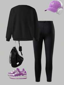 两件套韩流印花上衣，女童圆领卫衣和打底裤套装，时尚休闲，适合秋冬季穿着 - 彩色 - 查看 4