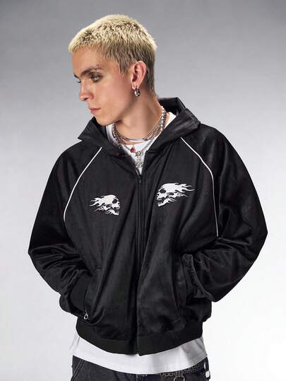 Friday the 13th X ROMWE Men's Skull Print Zip-Up Hoodie Sweatshirt, Autumn