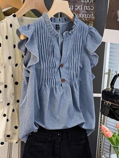 Franclia Plus Size Woven Ruffle Collar Drawstring Casual Plaid Shirt