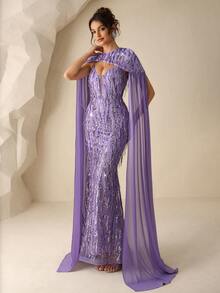 Coutiva A Luxurious And Elegant Full-Length Sequined Dress In Shiny Purple, With Spaghetti Straps, A Fitted Silhouette, A Zipper Closure And A Fishtail Hem, Along With A Large Sequined Chiffon Shawl. It Is Perfect For Parties, Weddings, Festivals And Spring. Luxury Dress Lilac Dress Elegant Gowns Glamorous Dress  Graduation Ceremony, School Opening, Music Festival, Birthday Party, Wedding, Afternoon Tea Gathering, Ball - Purple - View 6