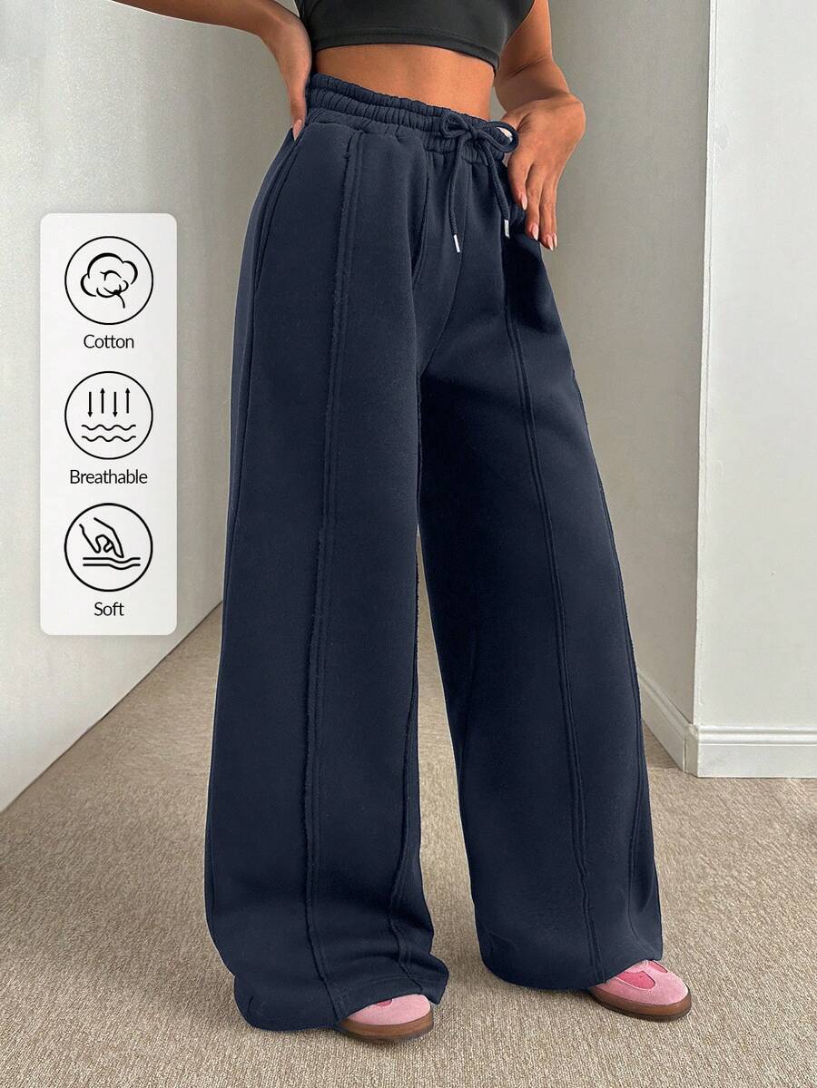 EURMUSE Women Loose Fit Front Stitch Detailed Sweatpant Pant - Navy Blue - View 1