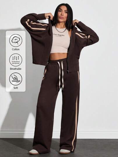 EURMUSE Chic Contrast – Brown Cotton Sweat Set With Beige Trim For Effortless Street Style / Elevated Essentials – Brown Loungewear Set With Beige Detailing
