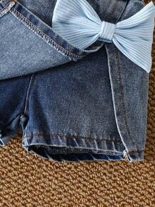 SHEIN Vintaside Kids 2pcs/Set,Baby Girl Spring&Summer Casual Style,Solid Color Short Sleeves T-Shirt&Shorts - Blue - View 5