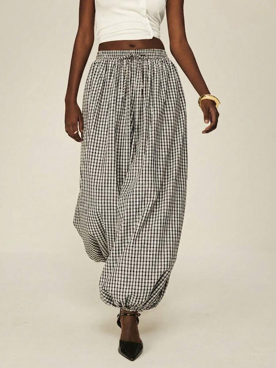 ATUI Studio Women's Elastic Waist Loose Plaid Casual Pants Baggy, Balloon Pants With Black Plaid, Casual Commuting Pants