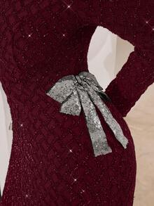Modelyn Đầm ngắn tay dài dự tiệc thanh lịch dành cho nữ, cổ tròn, đính sequin và nơ, kiểu dáng patchwork. - Màu Đỏ Sâu - Xem 7