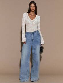 SHEIN BAE 女士黑色长袖上衣，性感深V领蕾丝喇叭袖透视简约优雅浪漫衬衫，适合叠穿、浪漫约会、秋冬季派对等场合。 - 白色 - 查看 5