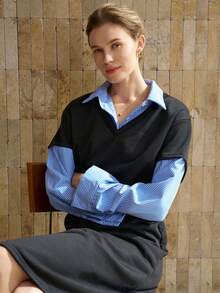 Franclia Women's Striped Patchwork Shirt Collar Long Sleeve Casual 2 In 1 Dress