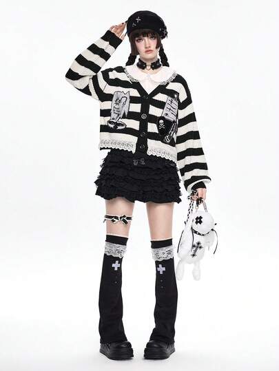 Goth Cardigan ampio da donna in stile Y2K, gotico scuro, con motivi a righe, patchwork, linee di cucitura, teschi, pipistrelli, corvi e seghe, con bordo in pizzo, adatto per l'autunno/inverno