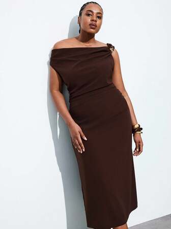 Maija Plus Size Elegant Solid Color Asymmetric Collar Dress For  Romantic, Fashion, Versatile;  Comfortable,  Stylish, Elegant, Casual, , Simple Daily Wear, Essential, Solid Color, Holiday Casual, Decent, Single Lady,  Elegant Fashion Business Casual Woman Going Out Tops Graduation Outfit  Steacher Outfits For Women Plus Size Brown Dress Off The Shoulder Plus Size Dress Chocolate Brown Dress Plus Size One Shoulder Dress Curvy Brown Dress,Homecoming Dress Fall Women Clothes Autumn Clothes Date Night Dress Wedding Guest Dress Women Business Casual Woman Curve Plus Size Off The Shoulder Dress Curvy Dress  Halloween Halloween Costume For Women Christmas Christmas Women's Clothing New Year Dress New Year Women Thanksgiving Outfit For Women Summer Dresses For Women