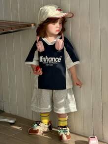 DAZY Toddler Girls' V-Neck Contrast Color Casual Street Style Short Sleeve T-Shirt - Blue - View 4