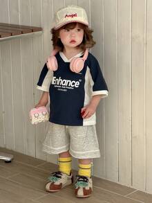 DAZY Toddler Girls' V-Neck Contrast Color Casual Street Style Short Sleeve T-Shirt - Blue - View 6