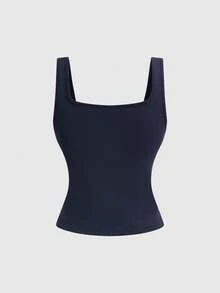 ROMWE Áo nữ không tay cổ vuông màu trơn, kiểu dáng tối giản, xẻ tà bên hông. - Màu xanh hải quân - Xem 2