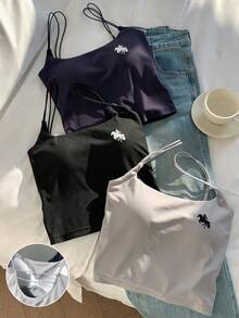 Comfortcana Women's Knight Embroidery Ribbed Casual Camisole Winter Clothes Christmas New Year Casual Bra Pads, Elastic Open Back Cutout,Comfortable And Elegant, Perfect For Home, Casual Wear, Or As An Inner Layer. Multiple Pieces Available, Suitable For All Occasions Horse Tank Top,Tank Top 3 Pack Tops - Multicolor - View 1