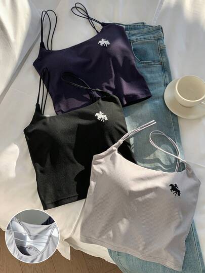 Comfortcana Women's Knight Embroidery Ribbed Casual Camisole Winter Clothes Christmas New Year Casual Bra Pads, Elastic Open Back Cutout,Comfortable And Elegant, Perfect For Home, Casual Wear, Or As An Inner Layer. Multiple Pieces Available, Suitable For All Occasions Horse Tank Top,Tank Top 3 Pack Tops