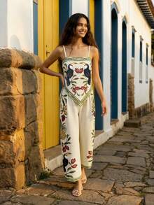 CAJUNI 一套饰有巨嘴鸟刺绣印花的上衣和裤子。 - 彩色 - 查看 4