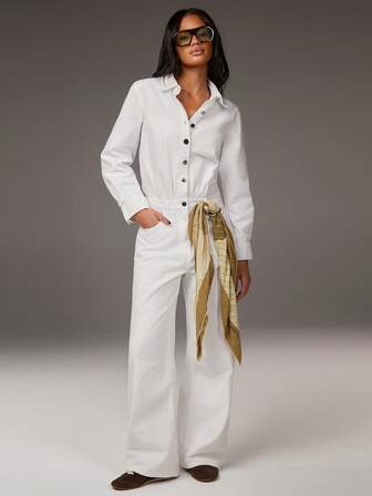 Athîral 女士休闲通勤白色牛仔连体裤