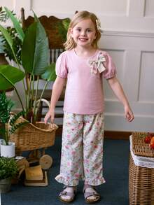 Blossori 2pcs/Set Toddler Girls' Vintage Floral Bowknot Puff Sleeve Shirt And White Flower Print Pants, Cute & Sweet, Suitable For Spring/Summer And Outdoor Vacation - Pink - View 3