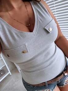 INAWLY Plus Size Casual Solid Color Tank Top, Summer - Light Grey - View 1