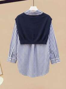 Franclia 初秋韩版时尚条纹翻领纽扣长袖不对称下摆女式衬衫 - 藍白色 - 查看 2