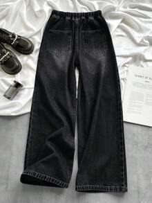 SHEIN 少女纯色休闲牛仔裤 - 黑色 - 查看 2