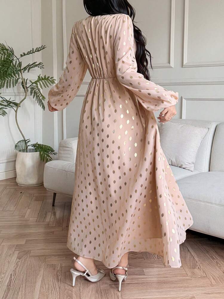 Metallic Polka Dot Loose V-Neck Waist Cinched Long Sleeve Elegant Resort Dress For Women, Spring/Autumn Sparkly Dress Sundress