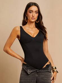 Silquee Damen einfarbiger ärmelloser V-Ausschnitt Bodysuit - Schwarz - Übersicht 5