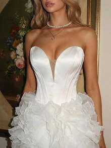 Vowa Rochie elegantă, romantică, la modă, din satin alb și organza, cu model patchwork, cu model coadă de pește, potrivită pentru petreceri individuale, nunți, absolviri, vacanțe, ceai de după-amiază, petreceri burlăcițe - alb - Vizualizare 4